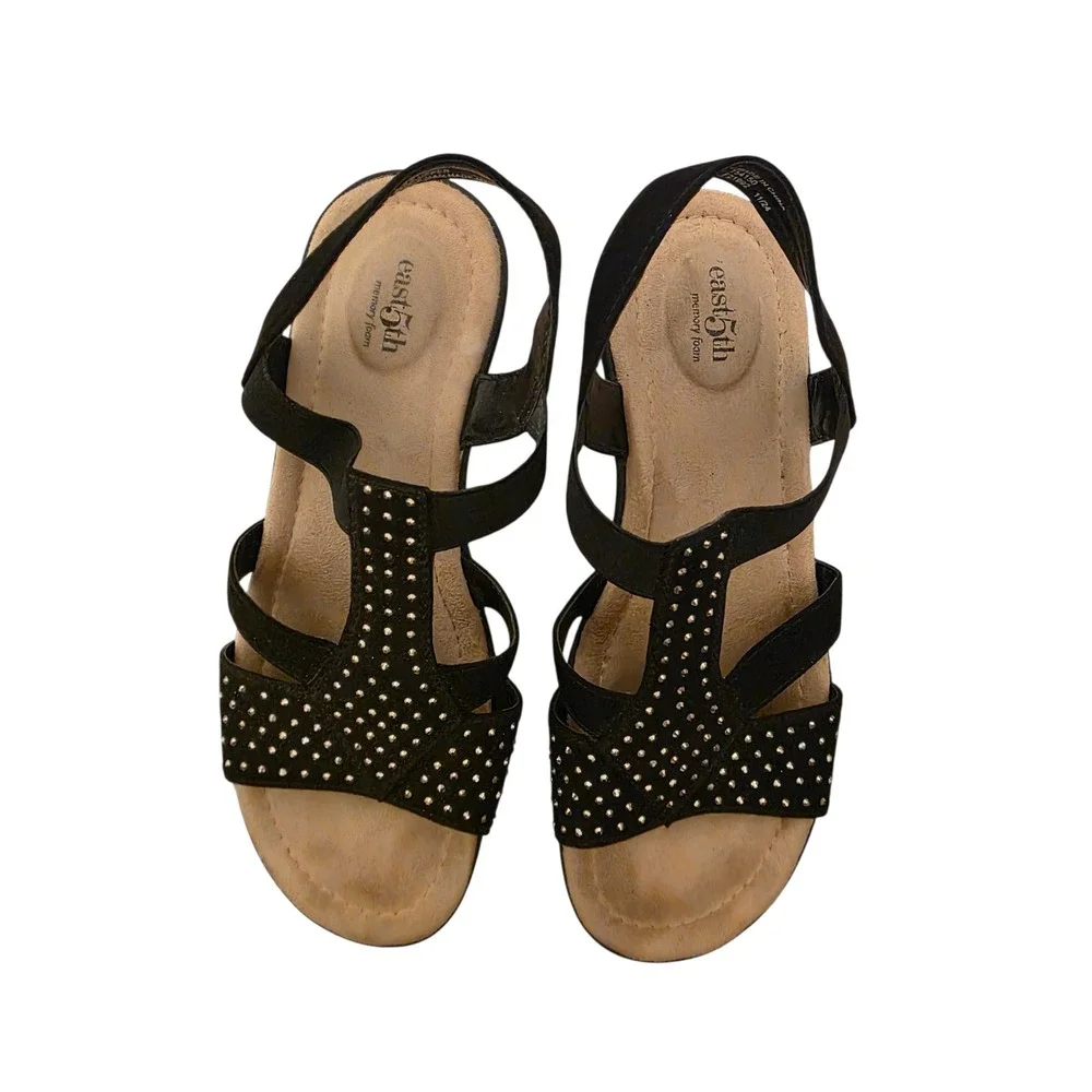 East 5th Inster Black Studded Memory Foam Wedge Sandals Womens 9.5M